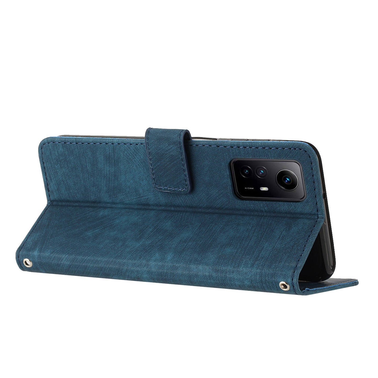 Leather Case for Xiaomi Redmi Note 12S 4G Lines Imprinted Stand Wallet Phone Cover with Shoulder Strap - Sapphire