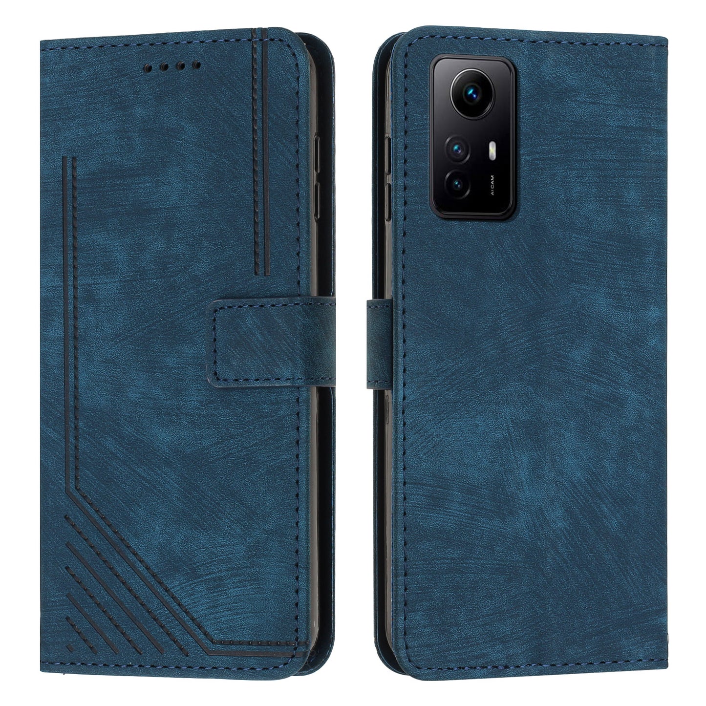 Leather Case for Xiaomi Redmi Note 12S 4G Lines Imprinted Stand Wallet Phone Cover with Shoulder Strap - Sapphire