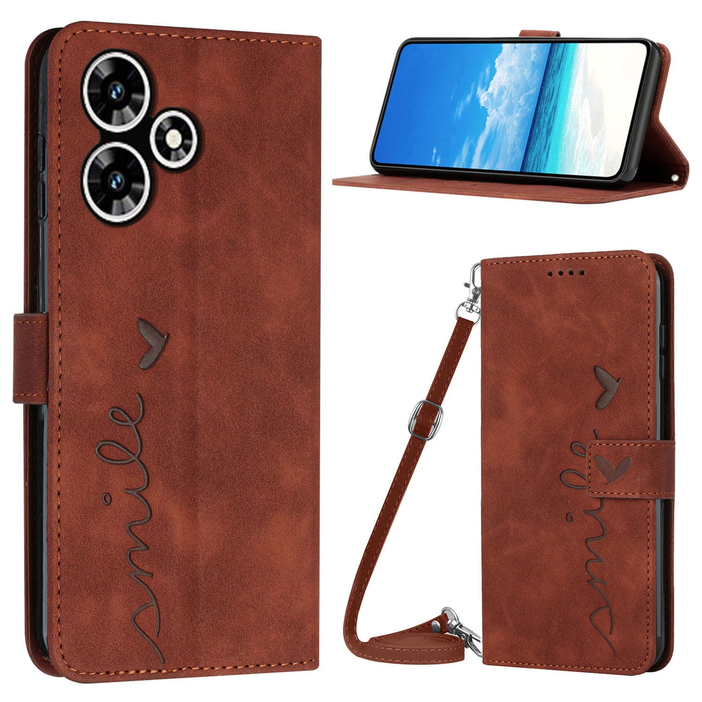 Stand Case for Infinix Hot 30 Play NFC 4G Heart Shape PU Leather Wallet Phone Cover with Shoulder Strap - Brown