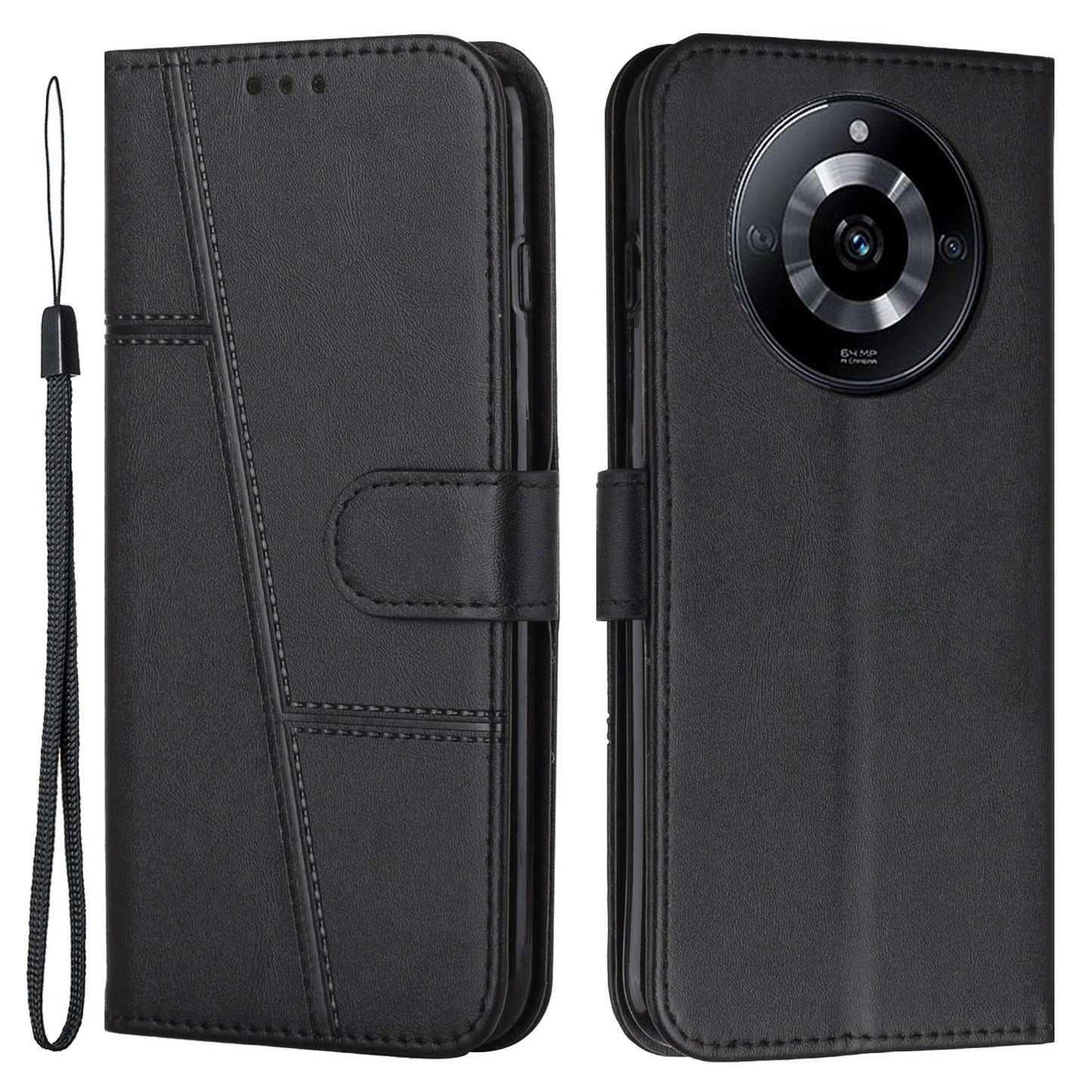 Uniqkart for Realme 11 Pro 5G / 11 Pro+ 5G Smartphone Case PU Leather Magnetic Clasp Wallet Stand Cover - Black