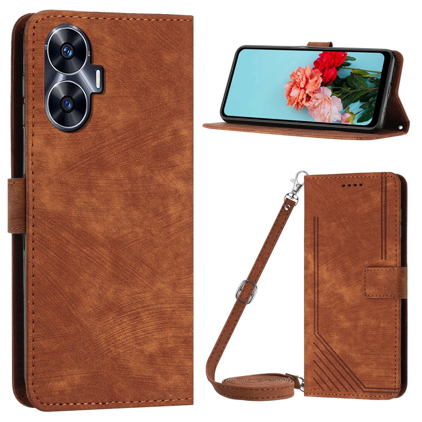 Leather Case for Realme C55 Lines Imprinted Viewing Stand Wallet Phone Cover with Shoulder Strap - Brown