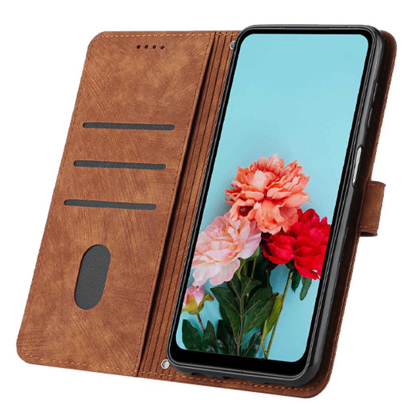 Leather Case for Realme C55 Lines Imprinted Viewing Stand Wallet Phone Cover with Shoulder Strap - Brown
