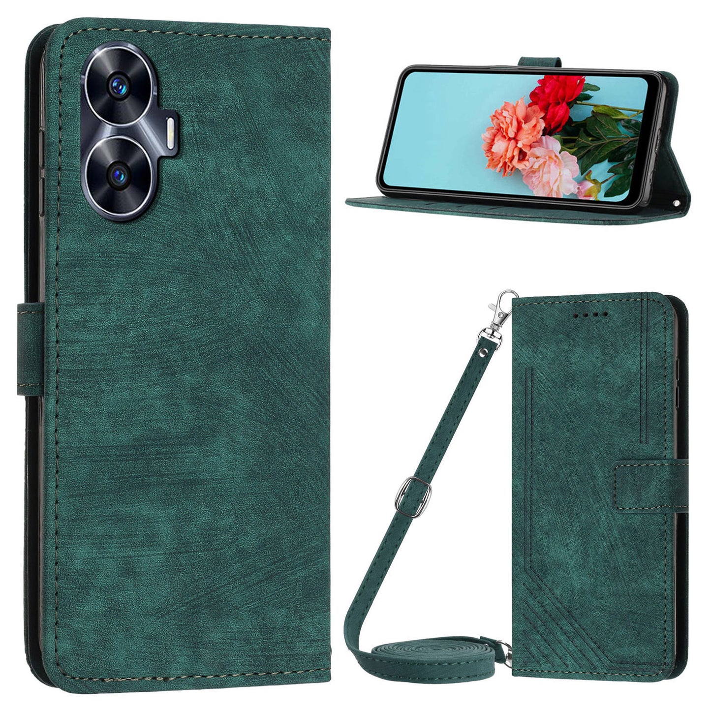 Leather Case for Realme C55 Lines Imprinted Viewing Stand Wallet Phone Cover with Shoulder Strap - Green