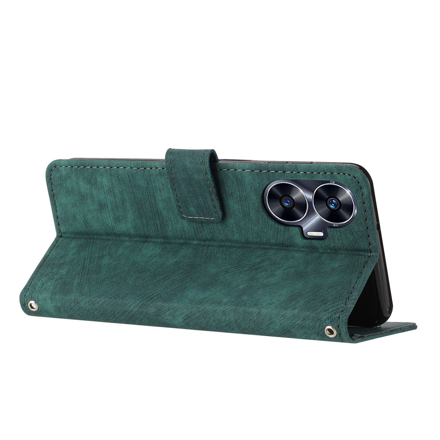 Leather Case for Realme C55 Lines Imprinted Viewing Stand Wallet Phone Cover with Shoulder Strap - Green
