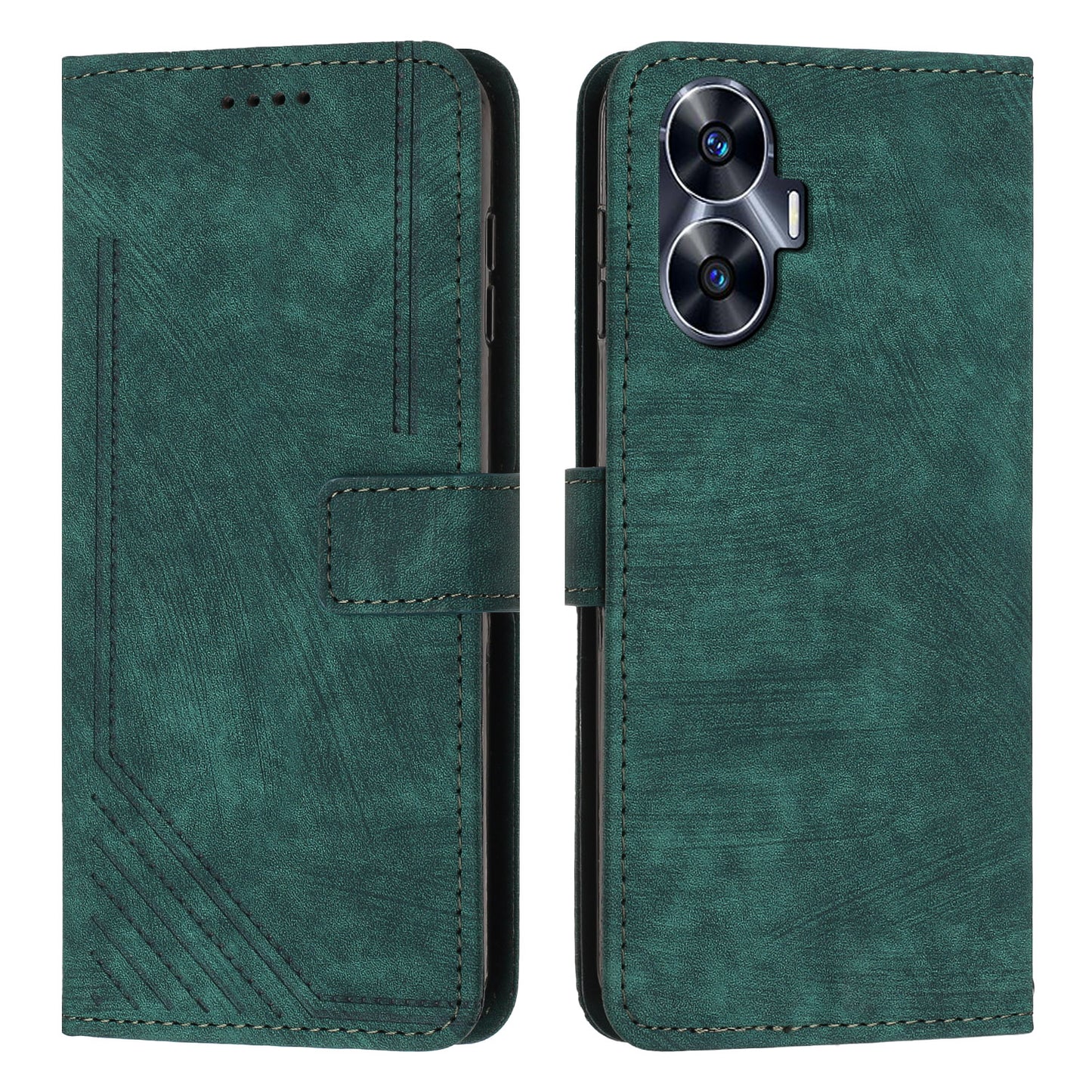 Leather Case for Realme C55 Lines Imprinted Viewing Stand Wallet Phone Cover with Shoulder Strap - Green