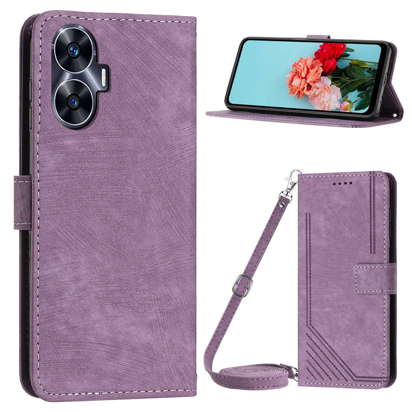 Leather Case for Realme C55 Lines Imprinted Viewing Stand Wallet Phone Cover with Shoulder Strap - Purple
