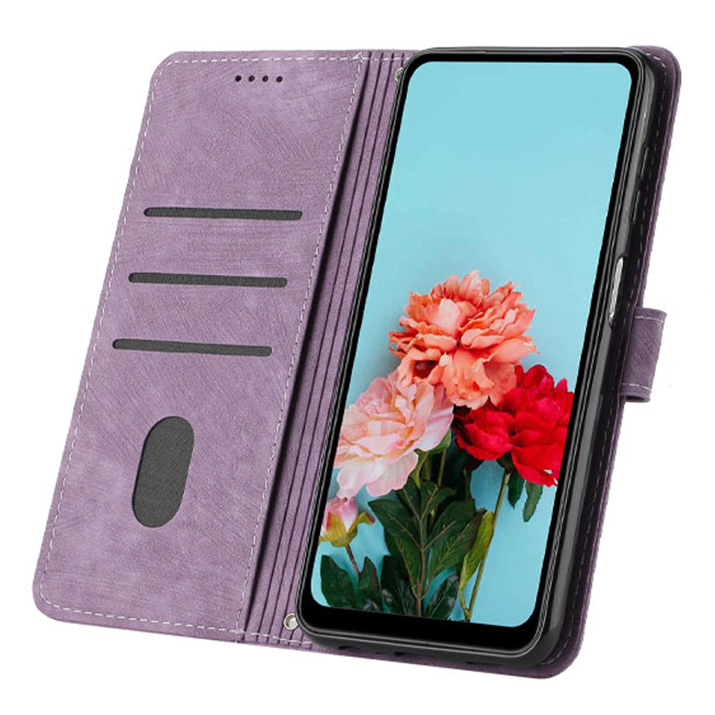 Leather Case for Realme C55 Lines Imprinted Viewing Stand Wallet Phone Cover with Shoulder Strap - Purple