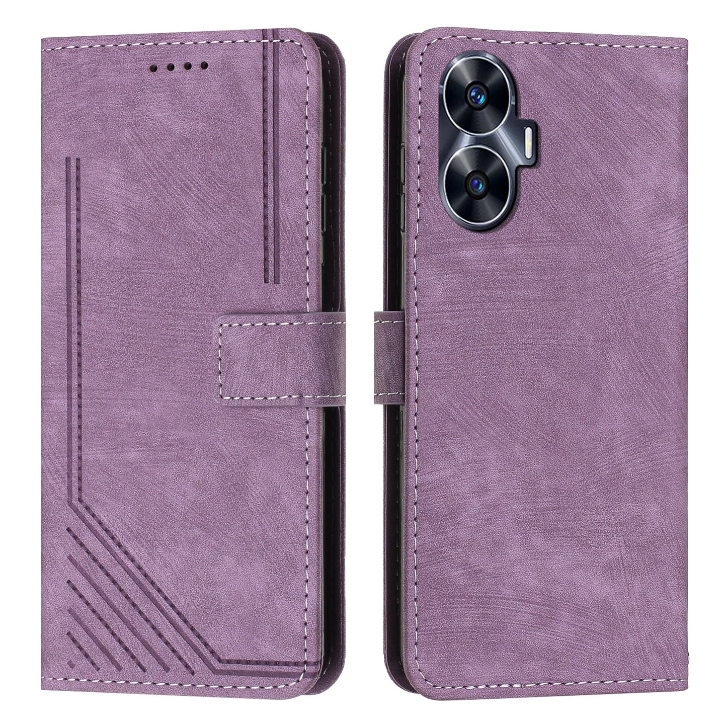 Leather Case for Realme C55 Lines Imprinted Viewing Stand Wallet Phone Cover with Shoulder Strap - Purple