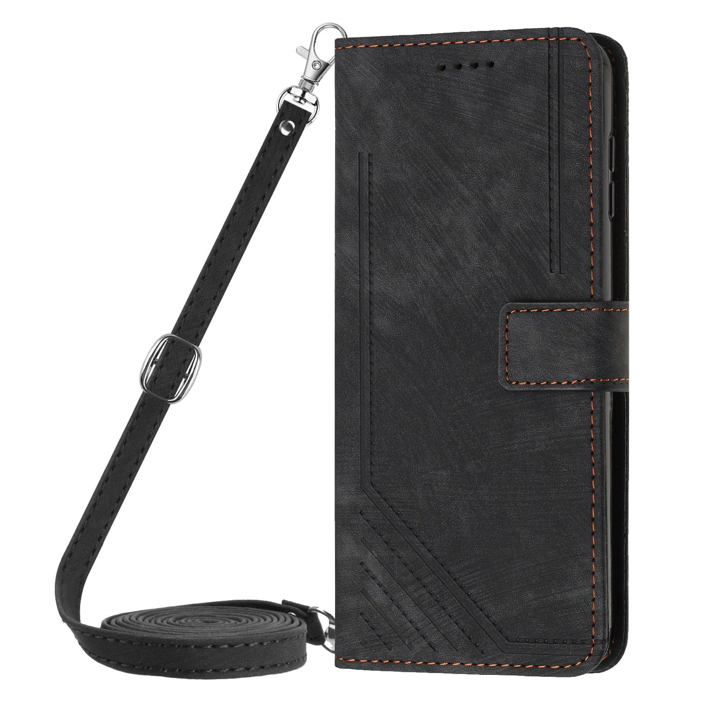 Leather Case for Realme C55 Lines Imprinted Viewing Stand Wallet Phone Cover with Shoulder Strap - Black