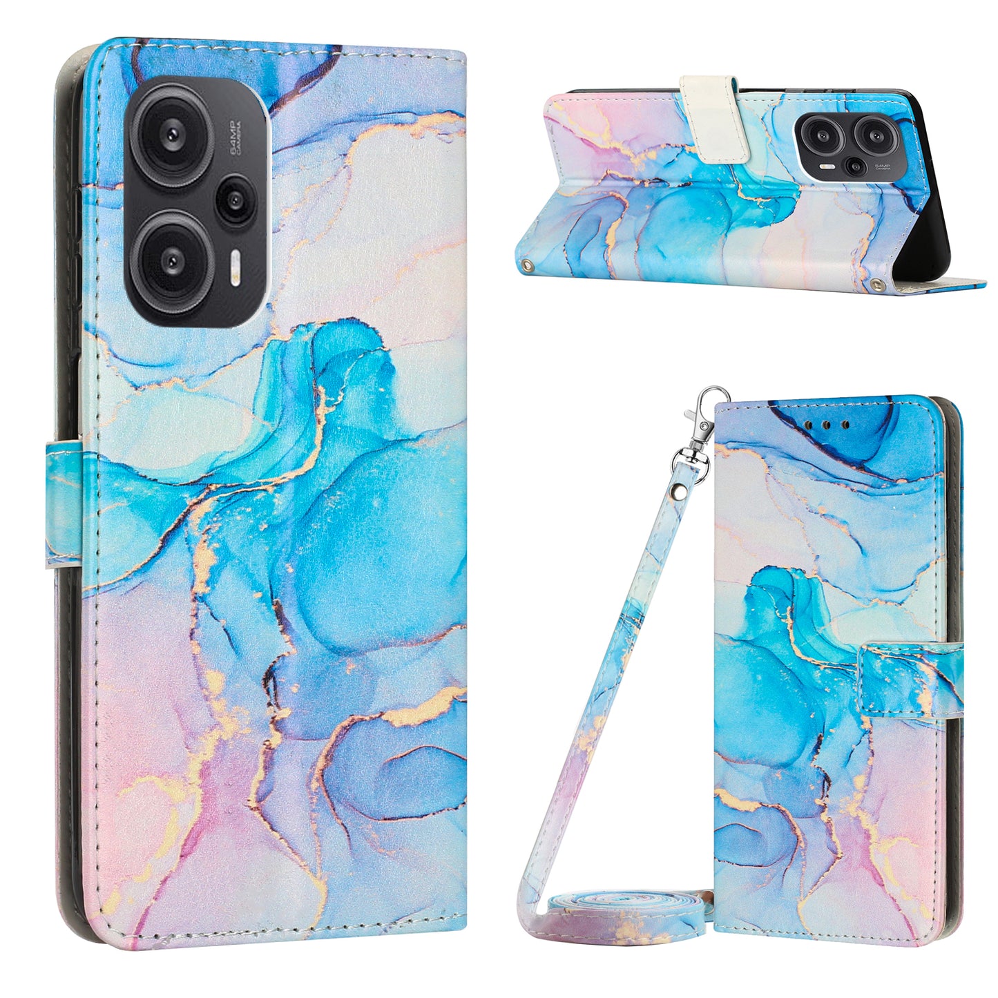 PU Leather Case for Xiaomi Redmi Note 12 Turbo / Poco F5 5G , Marble Pattern Stand Wallet Phone Cover with Shoulder Strap - Pink / Green