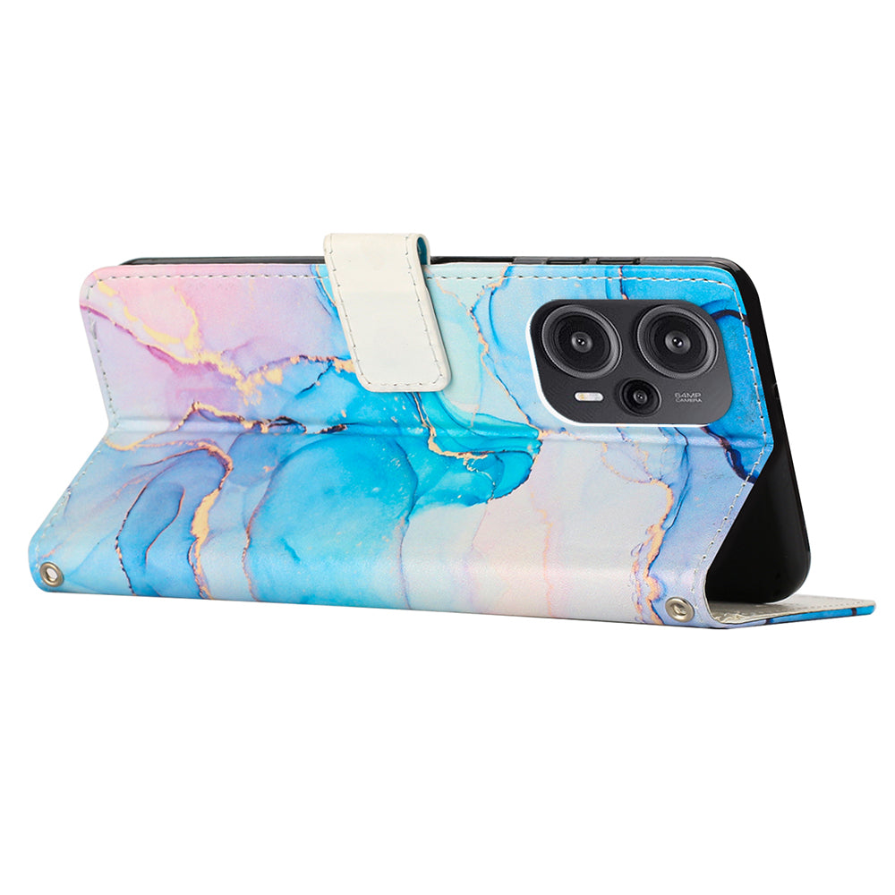 PU Leather Case for Xiaomi Redmi Note 12 Turbo / Poco F5 5G , Marble Pattern Stand Wallet Phone Cover with Shoulder Strap - Pink / Green