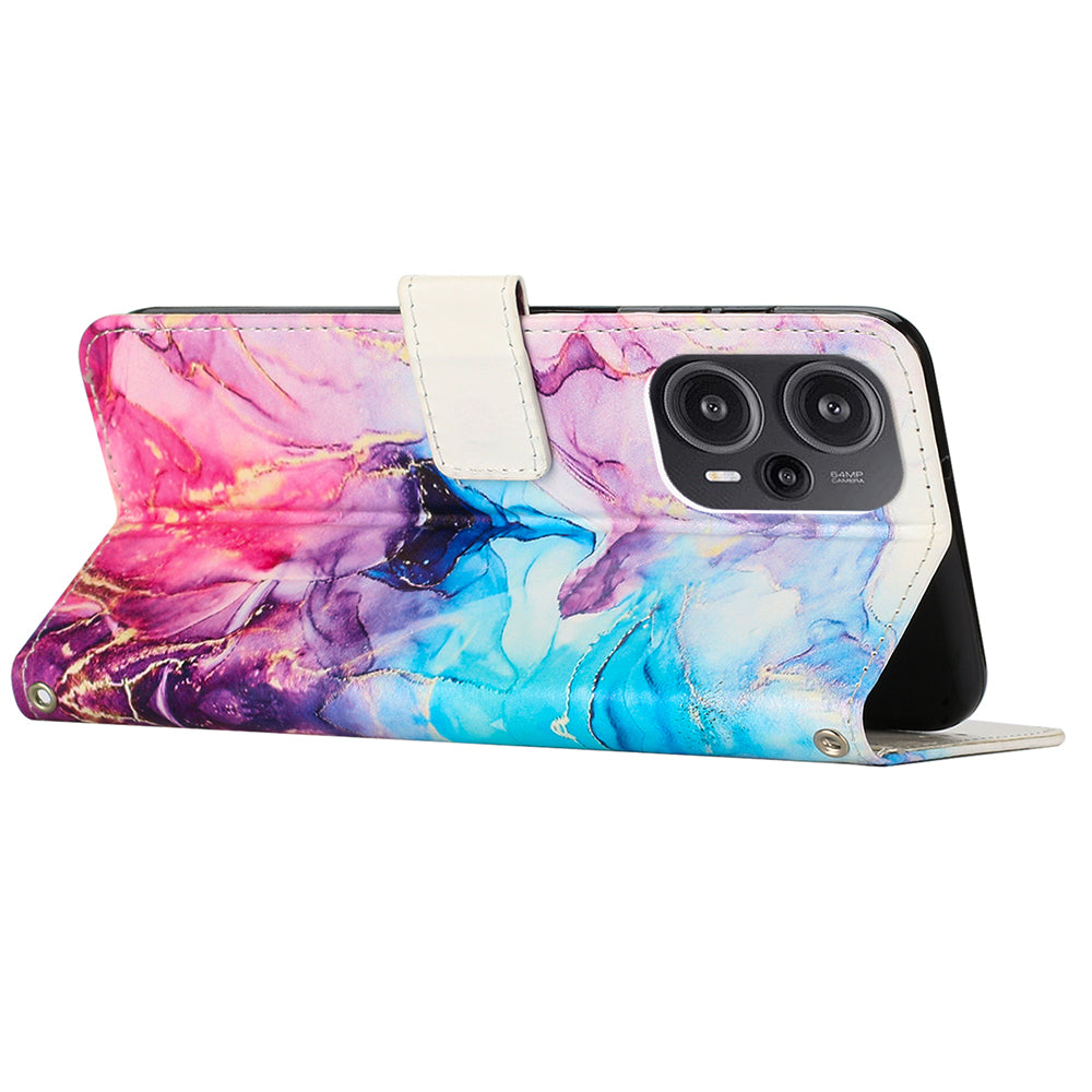 PU Leather Case for Xiaomi Redmi Note 12 Turbo / Poco F5 5G , Marble Pattern Stand Wallet Phone Cover with Shoulder Strap - Pink / Purple