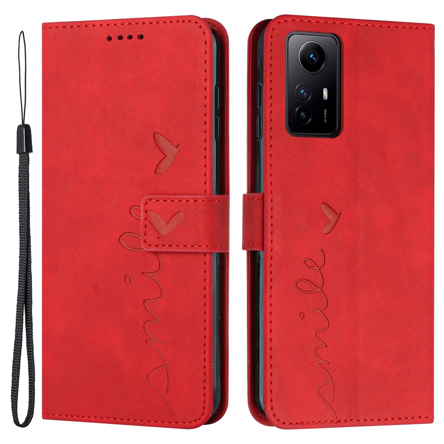 Uniqkart for Xiaomi Redmi Note 12S 4G Leather Phone Case Stand Imprinted Heart Wallet Skin-touch Cover - Red