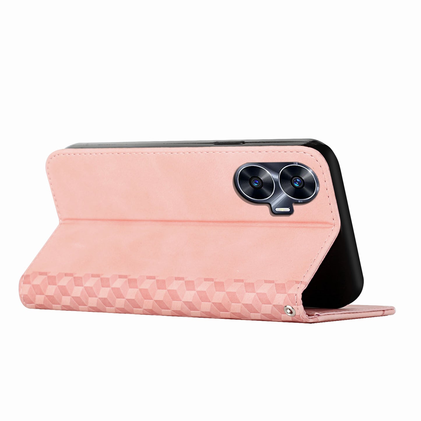 Uniqkart for Realme C55 Imprinted Rhombus Leather Case Phone Stand Wallet Fall-proof Cover - Rose Gold