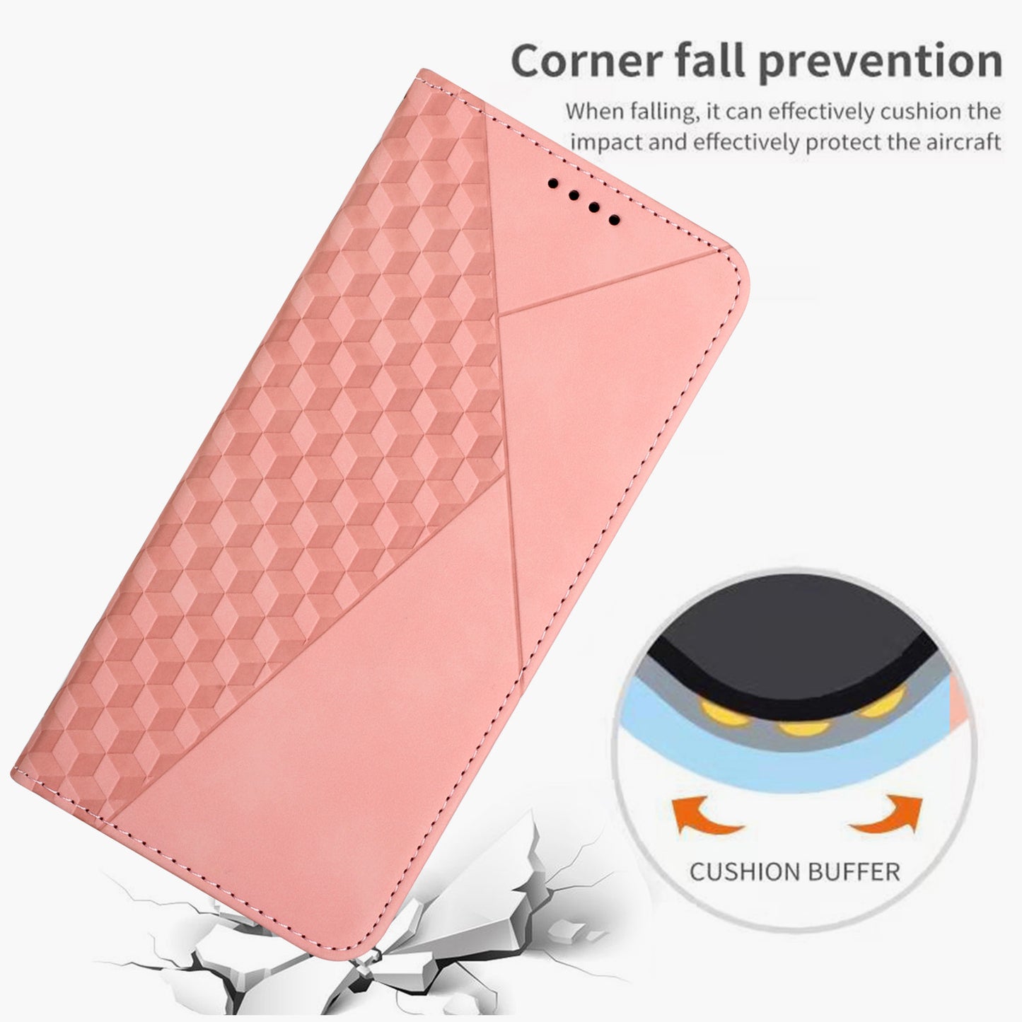 Uniqkart for Realme C55 Imprinted Rhombus Leather Case Phone Stand Wallet Fall-proof Cover - Rose Gold