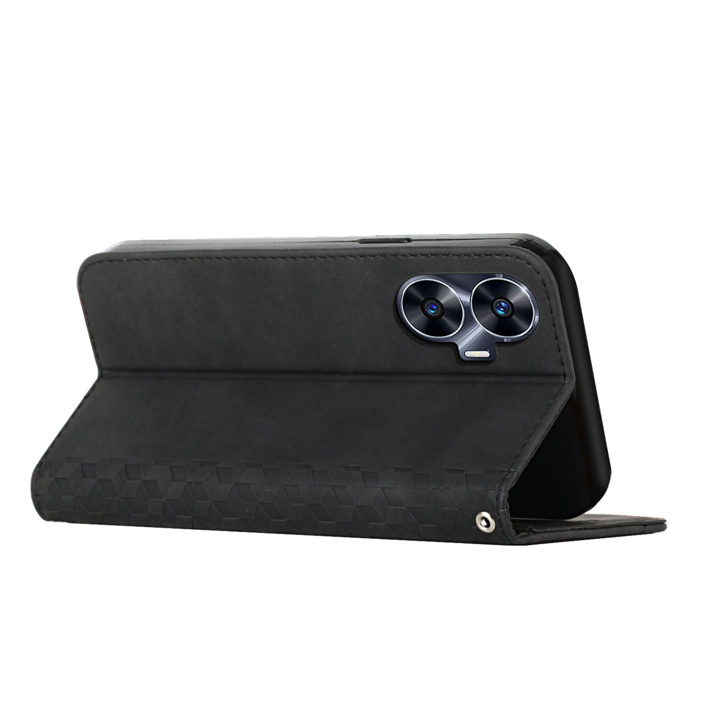 Uniqkart for Realme C55 Imprinted Rhombus Leather Case Phone Stand Wallet Fall-proof Cover - Black