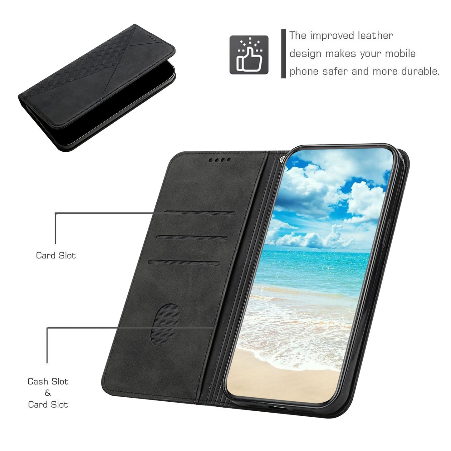 Uniqkart for Realme C55 Imprinted Rhombus Leather Case Phone Stand Wallet Fall-proof Cover - Black