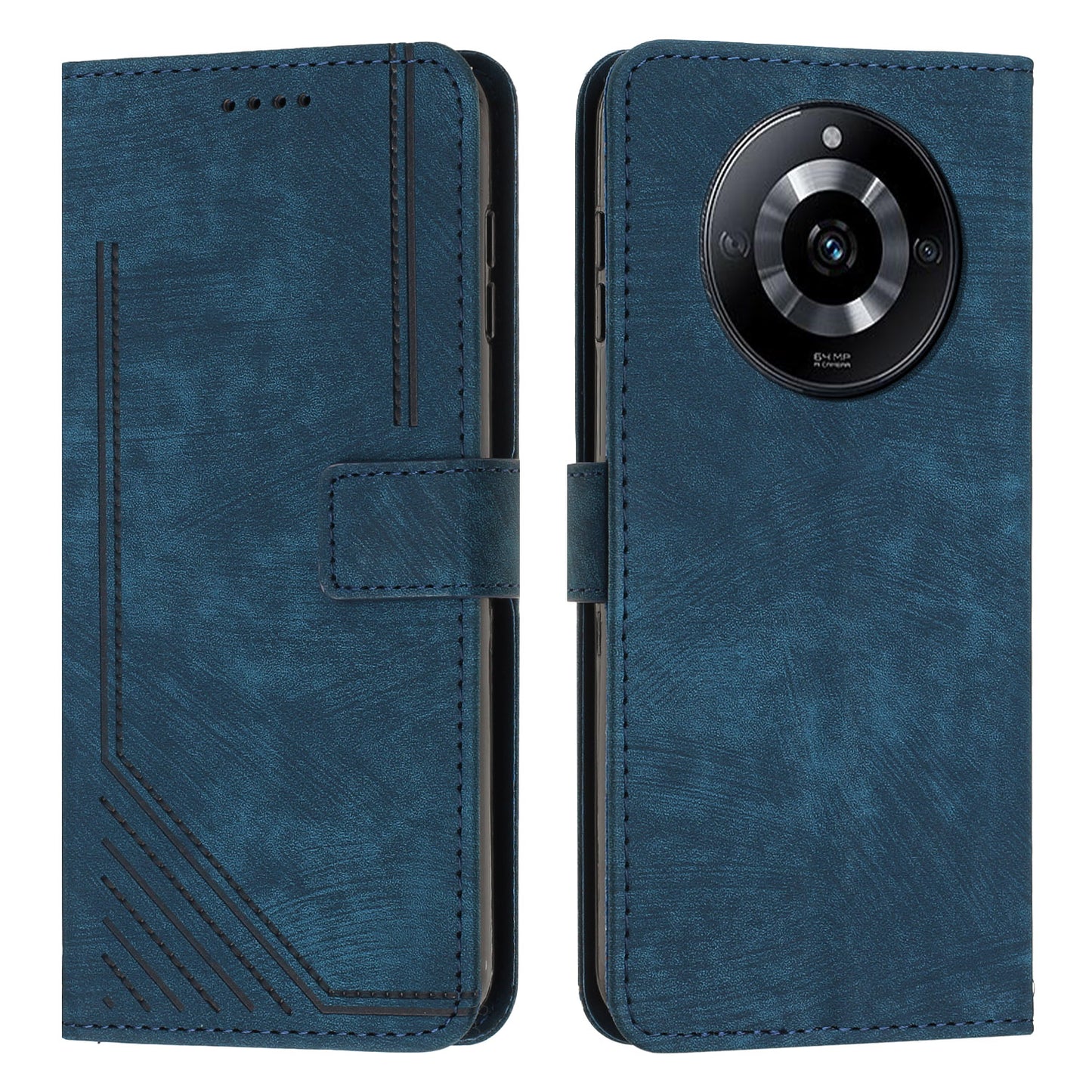 Leather Case for Realme 11 5G Lines Imprinted Foldable Stand Wallet Phone Cover with Shoulder Strap - Sapphire