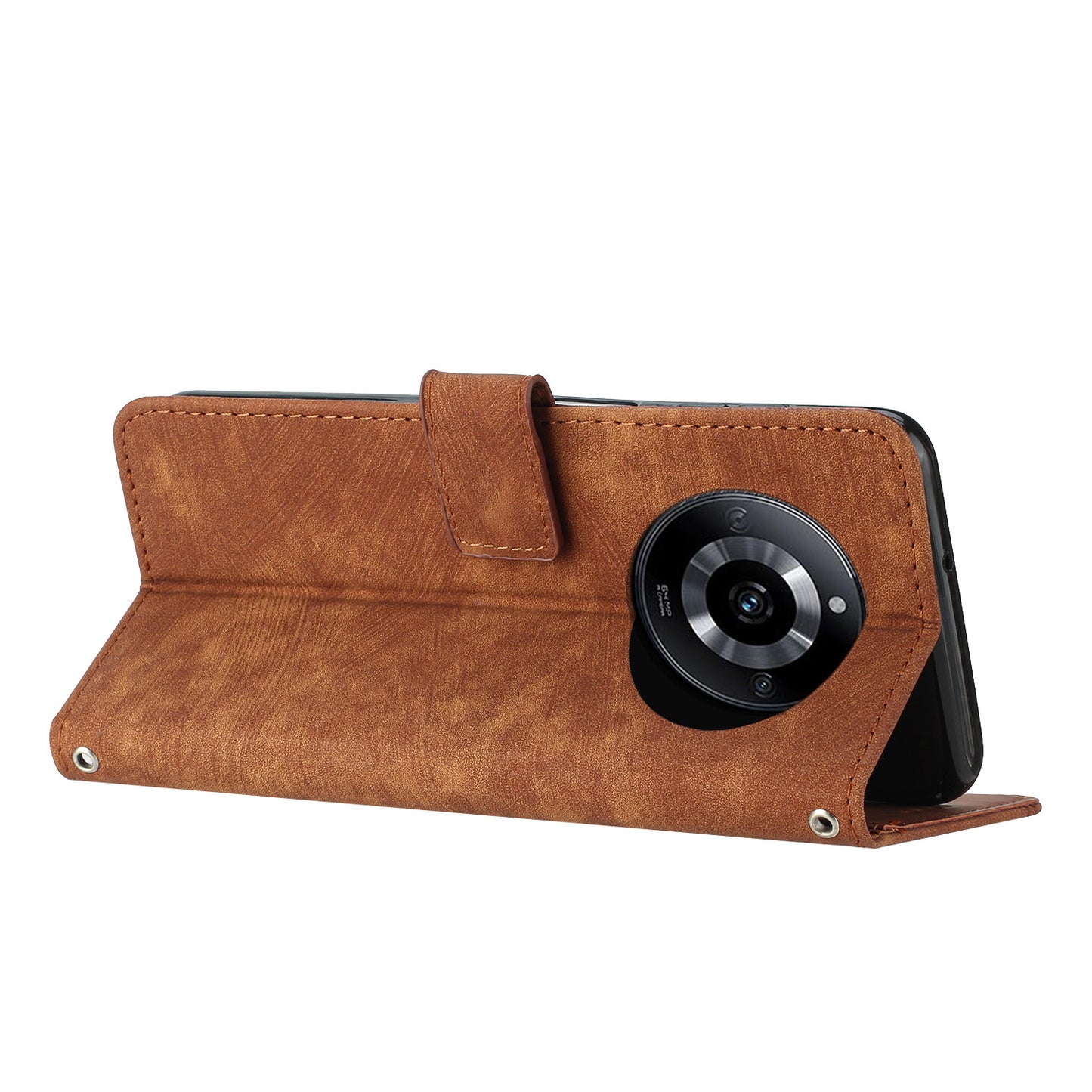Leather Case for Realme 11 5G Lines Imprinted Foldable Stand Wallet Phone Cover with Shoulder Strap - Brown