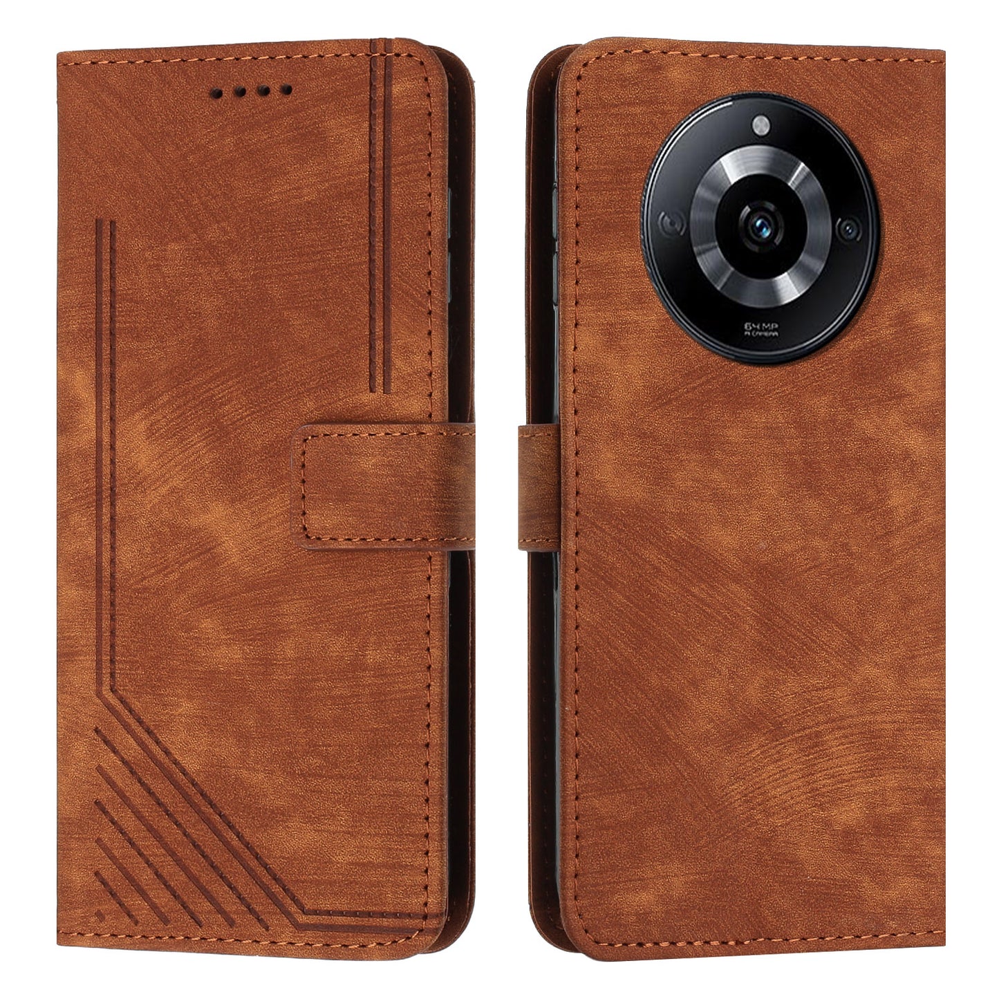 Leather Case for Realme 11 5G Lines Imprinted Foldable Stand Wallet Phone Cover with Shoulder Strap - Brown