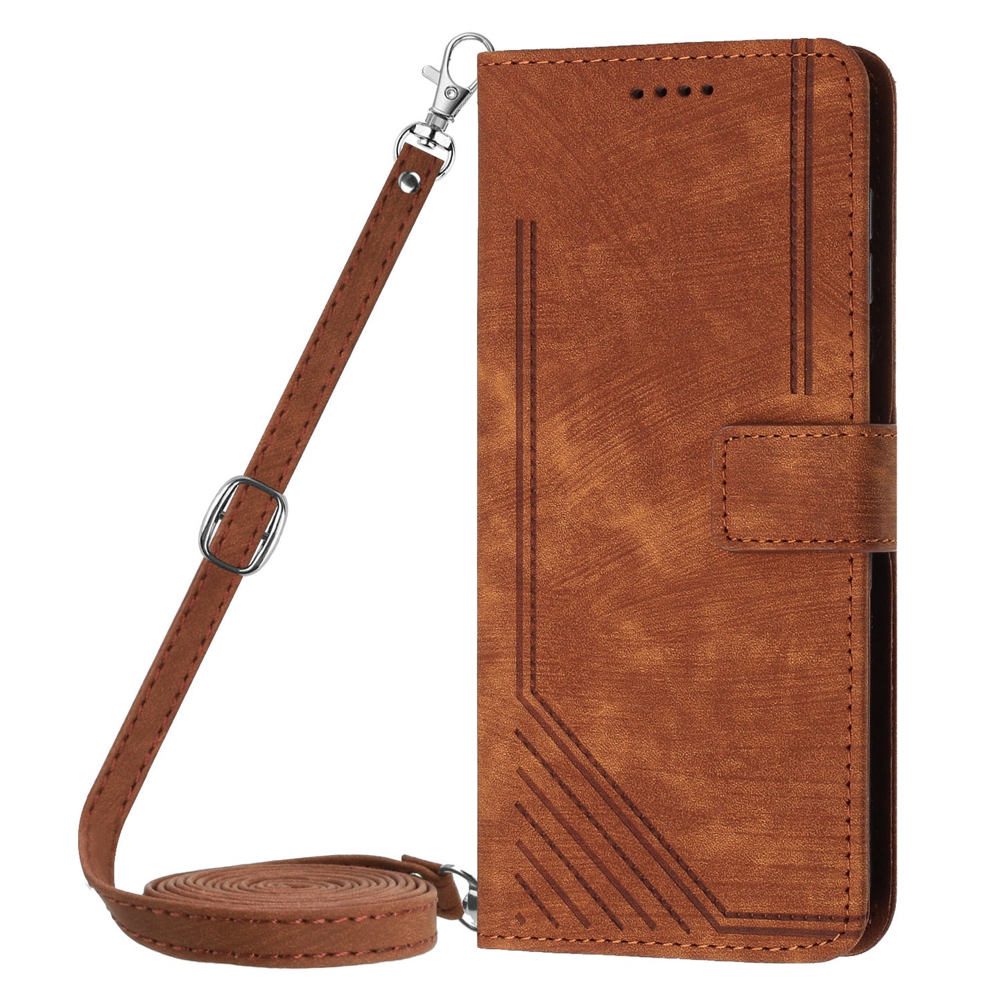 Leather Case for Realme 11 5G Lines Imprinted Foldable Stand Wallet Phone Cover with Shoulder Strap - Brown