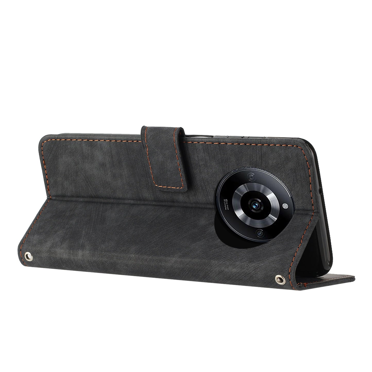 Leather Case for Realme 11 5G Lines Imprinted Foldable Stand Wallet Phone Cover with Shoulder Strap - Black