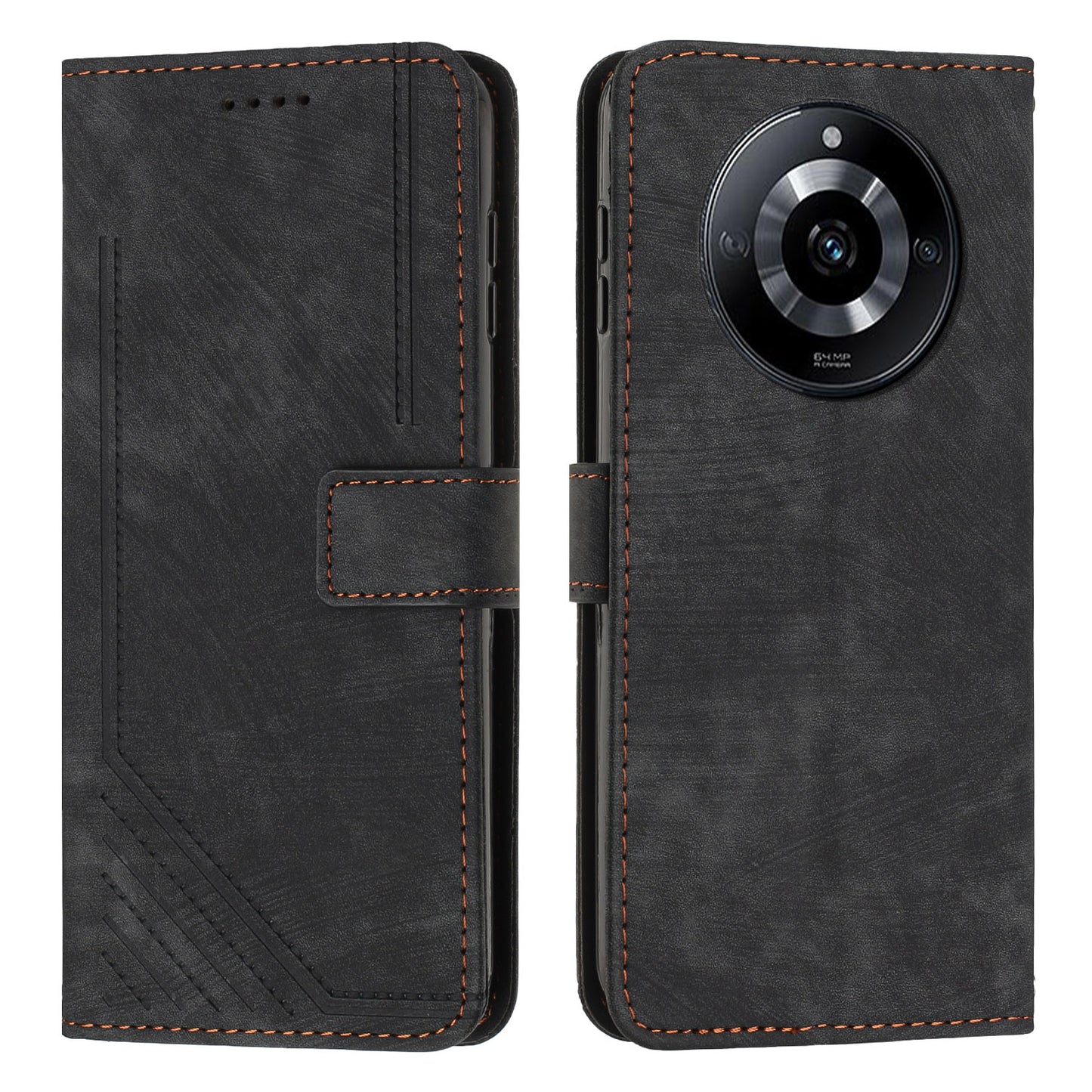 Leather Case for Realme 11 5G Lines Imprinted Foldable Stand Wallet Phone Cover with Shoulder Strap - Black