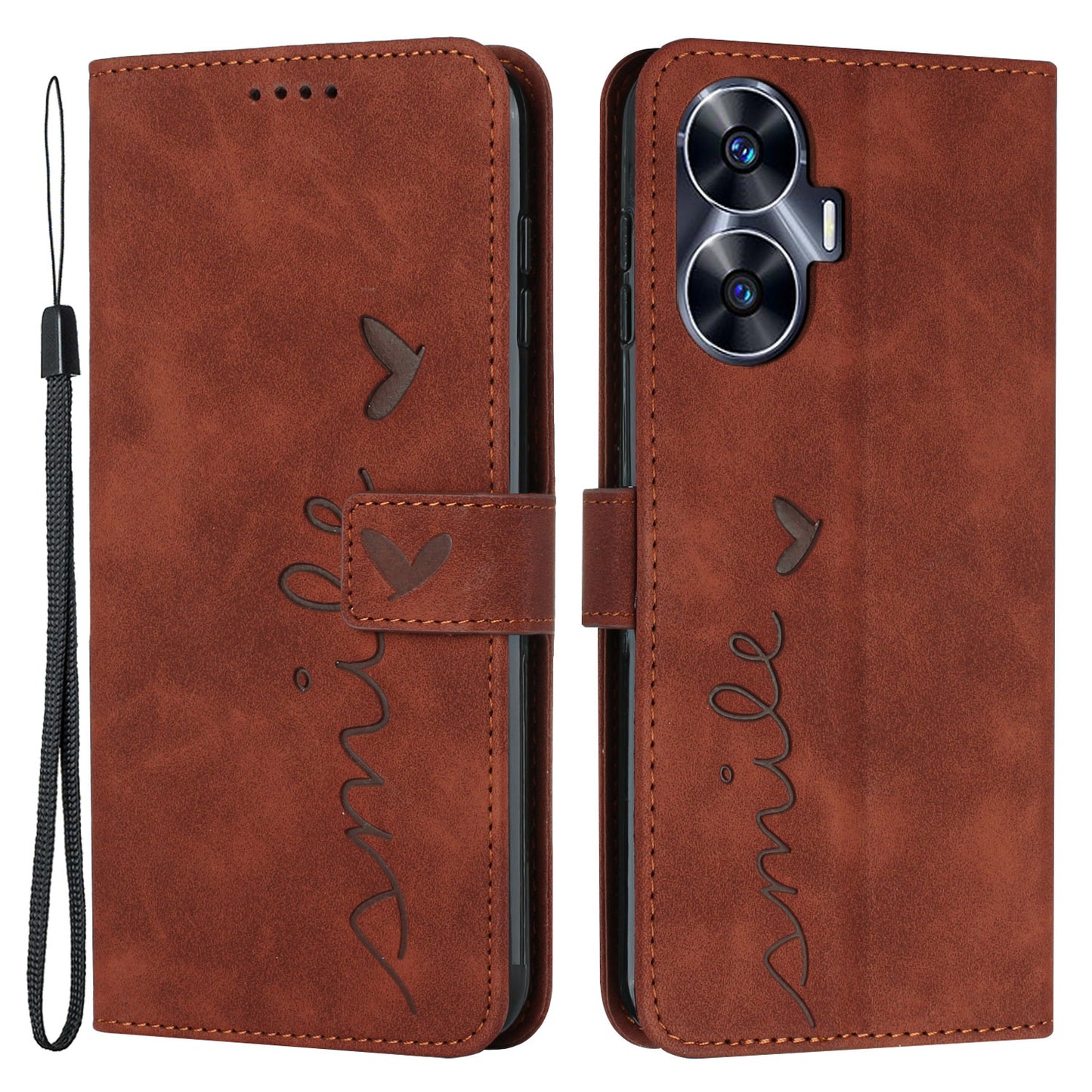 Leather Phone Case for Realme C55 Skin-touch Feeling Stand Imprinted Heart Wallet Phone Cover - Brown