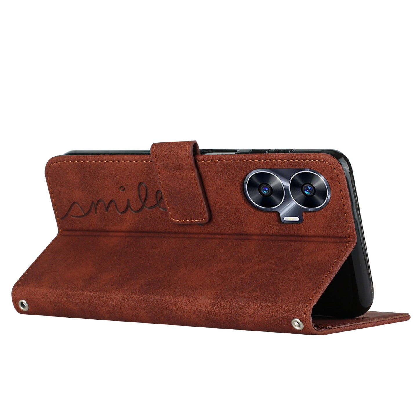 Leather Phone Case for Realme C55 Skin-touch Feeling Stand Imprinted Heart Wallet Phone Cover - Brown