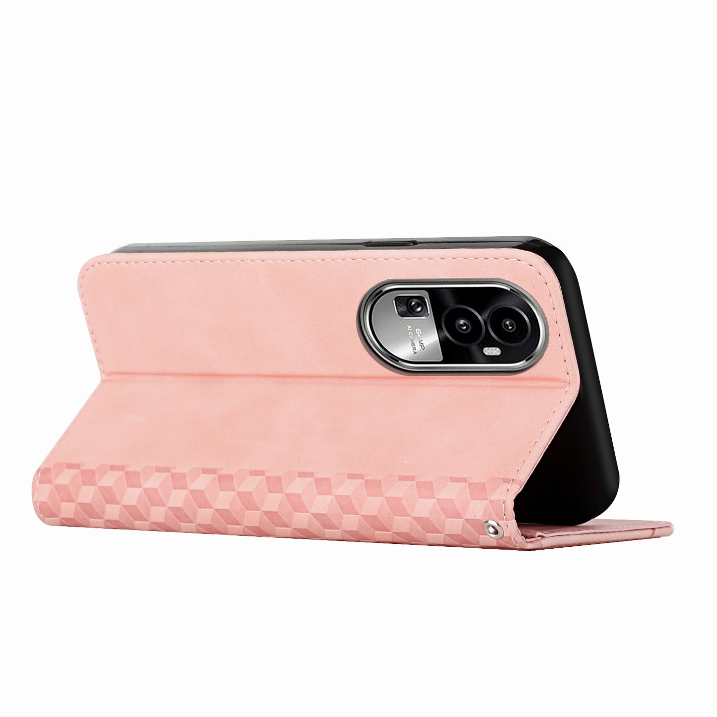 Uniqkart for Oppo Reno10 5G Scratch Proof Imprinted Rhombus Leather Case Phone Stand Wallet Cover - Rose Gold