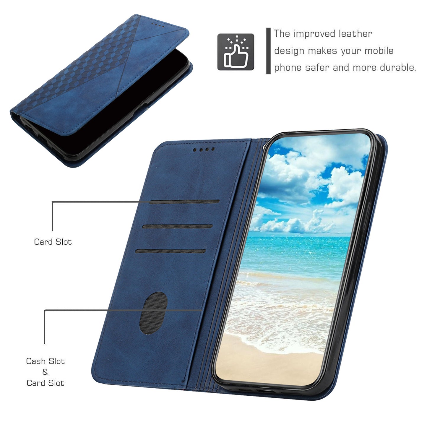 Uniqkart for Oppo Reno10 5G Scratch Proof Imprinted Rhombus Leather Case Phone Stand Wallet Cover - Sapphire