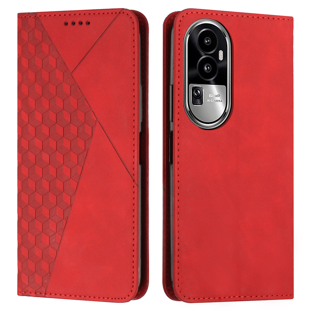 Uniqkart for Oppo Reno10 5G Scratch Proof Imprinted Rhombus Leather Case Phone Stand Wallet Cover - Red