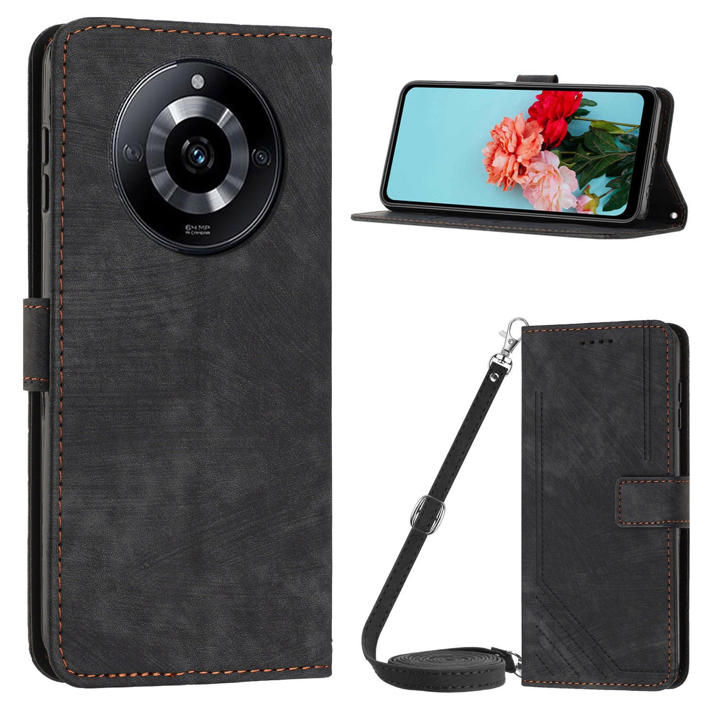 Flip Case for Realme 11 Pro 5G / 11 Pro+ 5G Lines Imprinted Stand Wallet Leather Cover with Shoulder Strap - Black