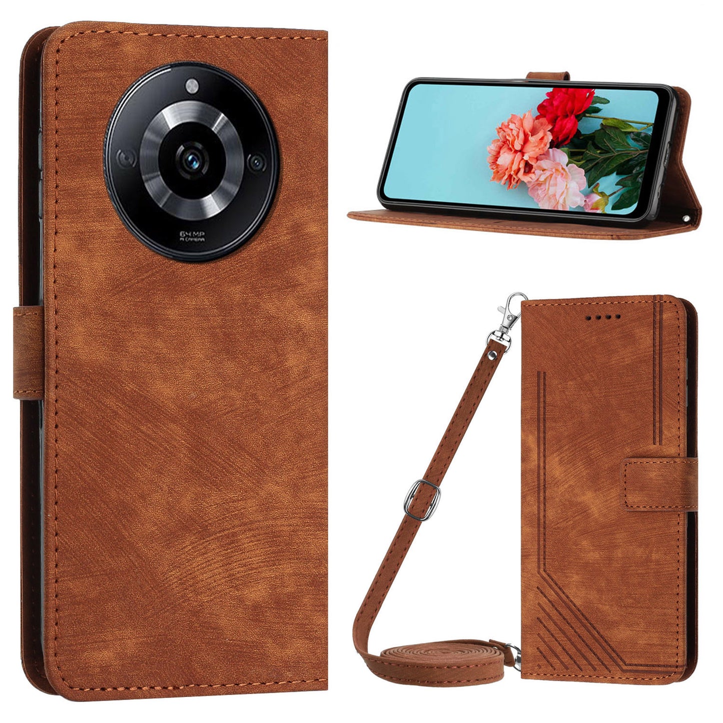 Flip Case for Realme 11 Pro 5G / 11 Pro+ 5G Lines Imprinted Stand Wallet Leather Cover with Shoulder Strap - Brown