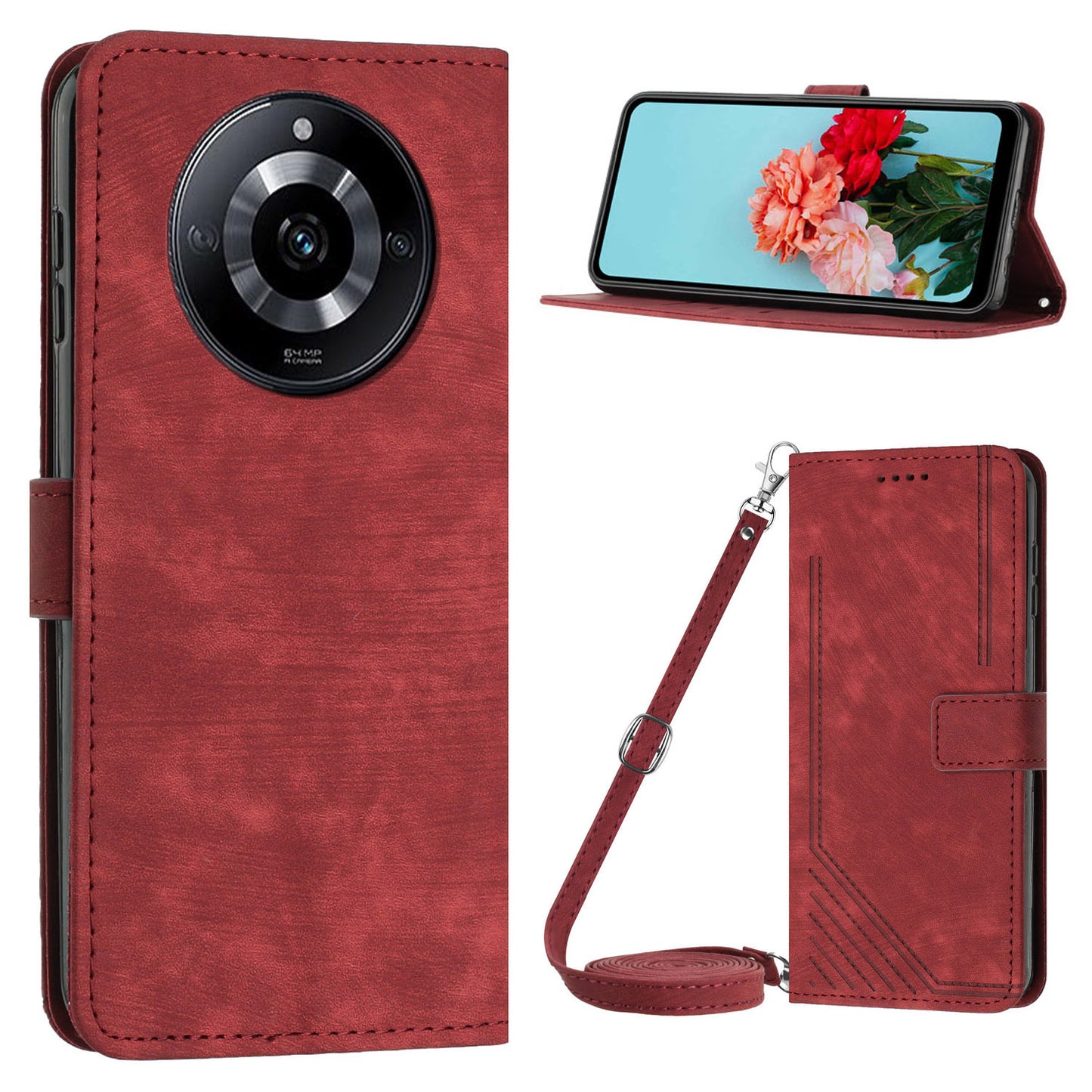 Flip Case for Realme 11 Pro 5G / 11 Pro+ 5G Lines Imprinted Stand Wallet Leather Cover with Shoulder Strap - Red