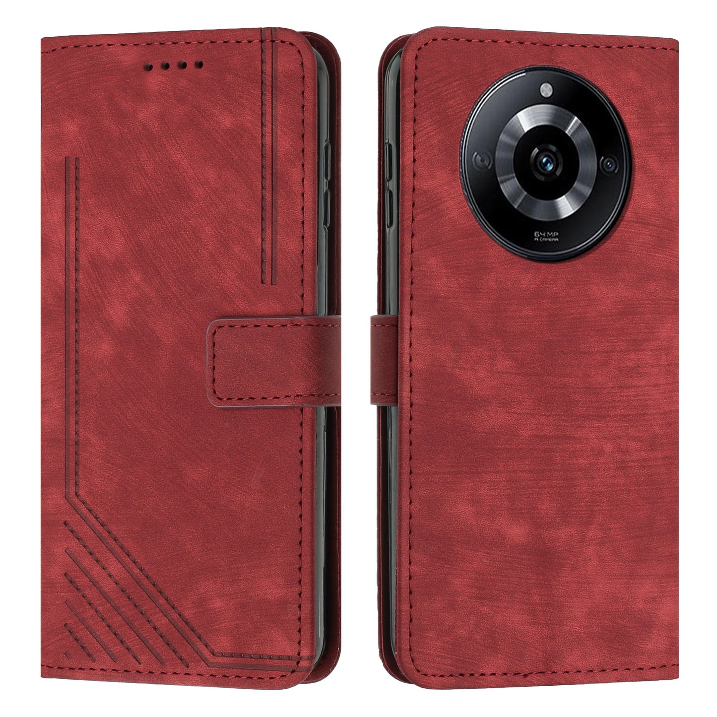 Flip Case for Realme 11 Pro 5G / 11 Pro+ 5G Lines Imprinted Stand Wallet Leather Cover with Shoulder Strap - Red