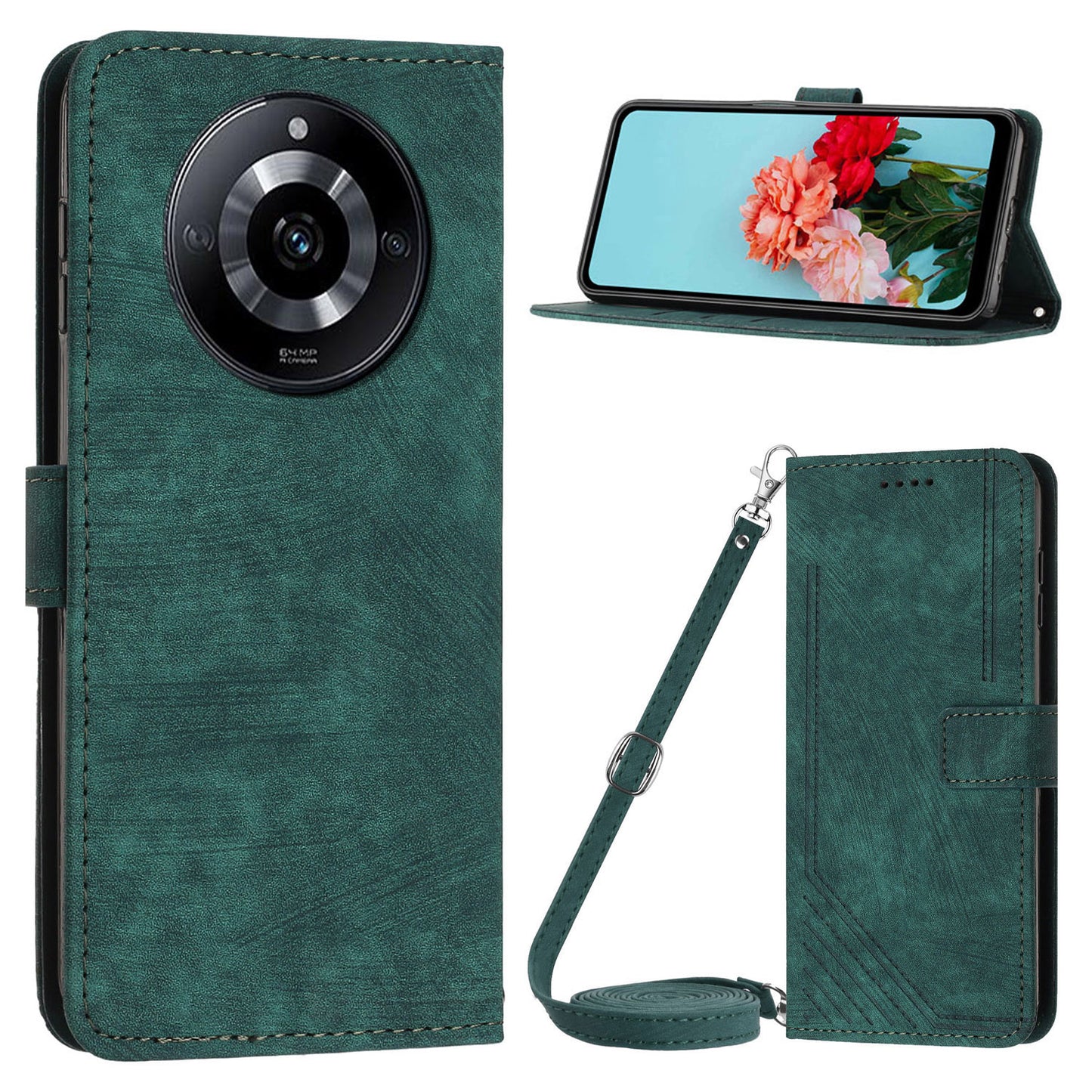 Flip Case for Realme 11 Pro 5G / 11 Pro+ 5G Lines Imprinted Stand Wallet Leather Cover with Shoulder Strap - Green