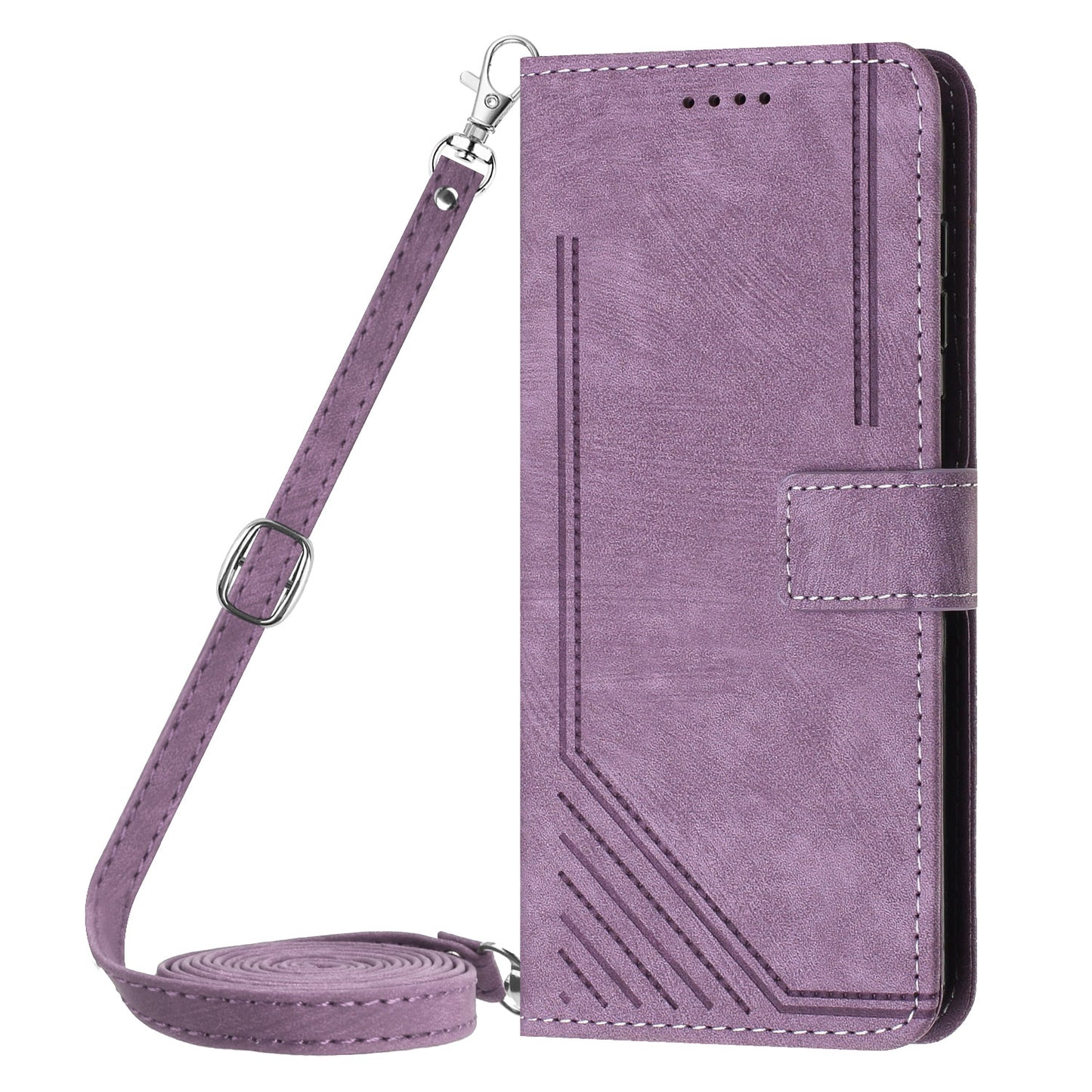 Flip Case for Realme 11 Pro 5G / 11 Pro+ 5G Lines Imprinted Stand Wallet Leather Cover with Shoulder Strap - Purple