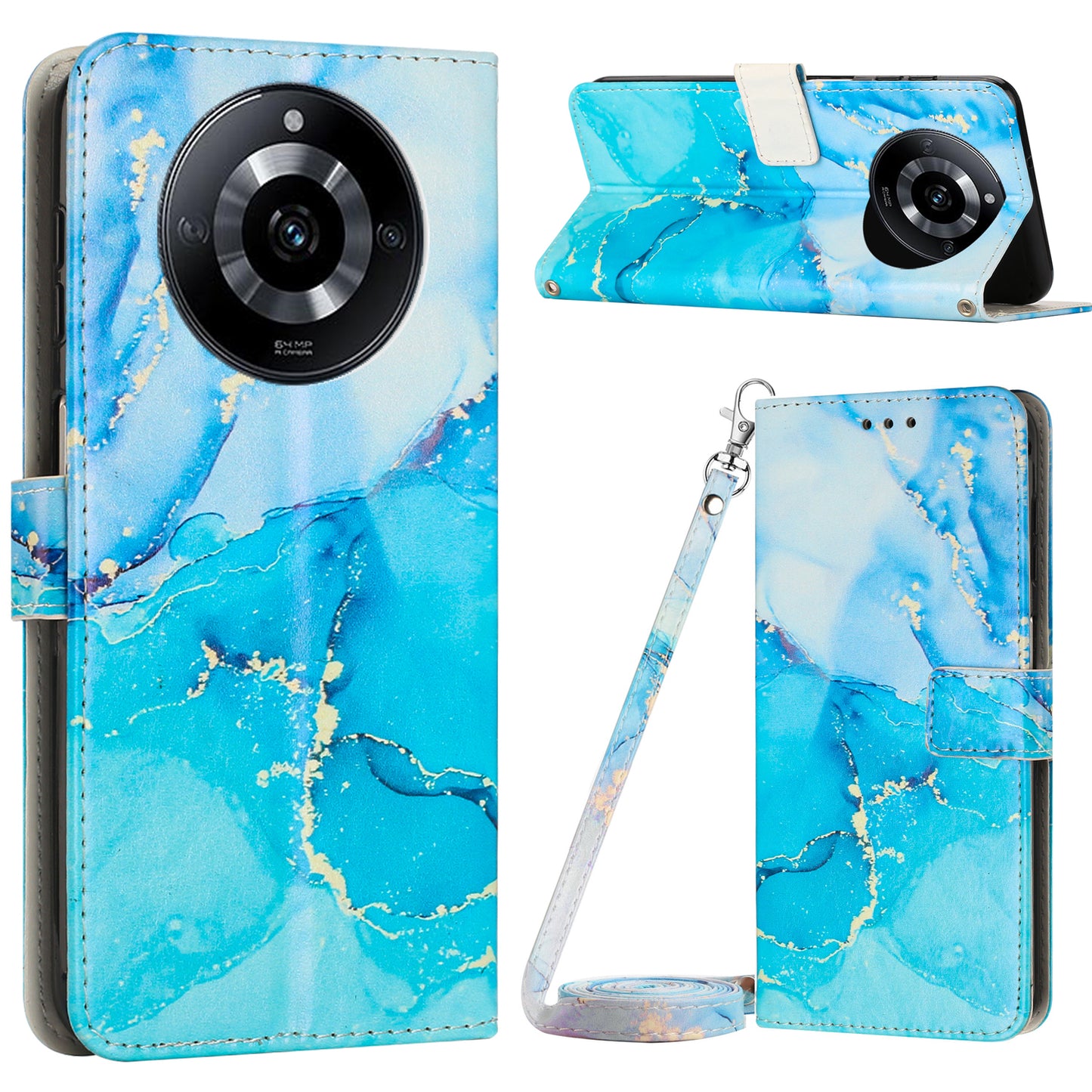Phone Wallet for Realme 11 5G PU Leather Case Marble Pattern Stand Cover with Shoulder Strap - Blue / Green