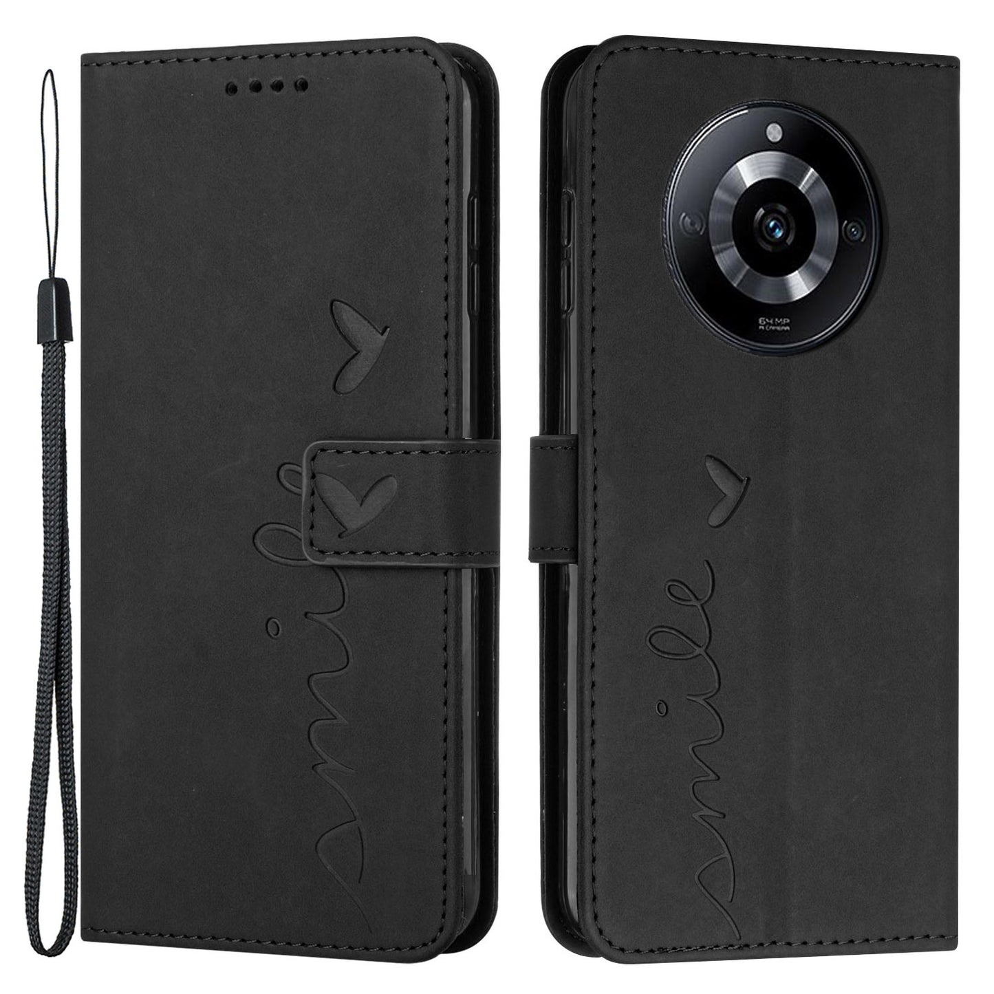 Uniqkart for Realme 11 5G Drop Proof Leather Phone Case Stand Imprinted Heart Wallet Skin-touch Cover - Black