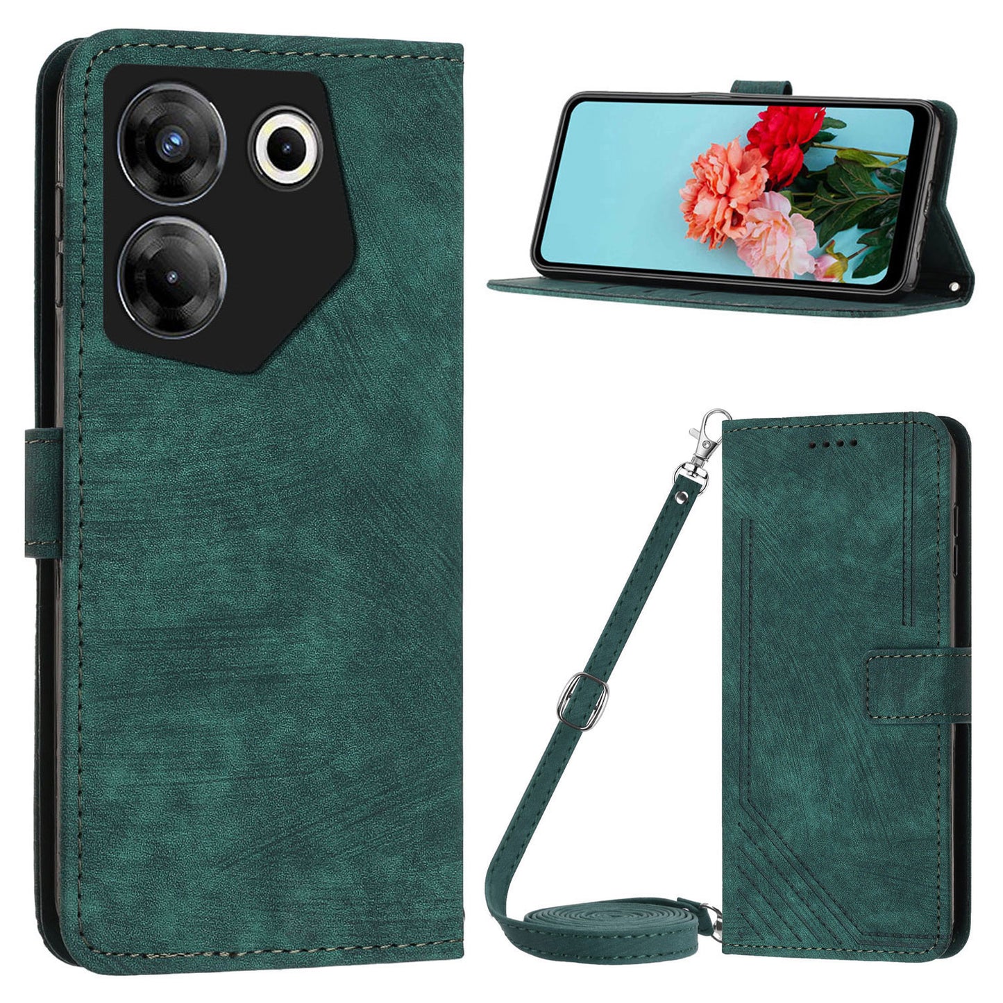 Uniqkart for Tecno Camon 20 Pro 5G Lines Imprinted Stand Wallet Anti-drop Leather Phone Cover with Shoulder Strap - Green