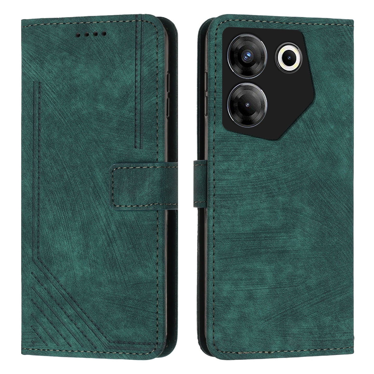 Uniqkart for Tecno Camon 20 Pro 5G Lines Imprinted Stand Wallet Anti-drop Leather Phone Cover with Shoulder Strap - Green