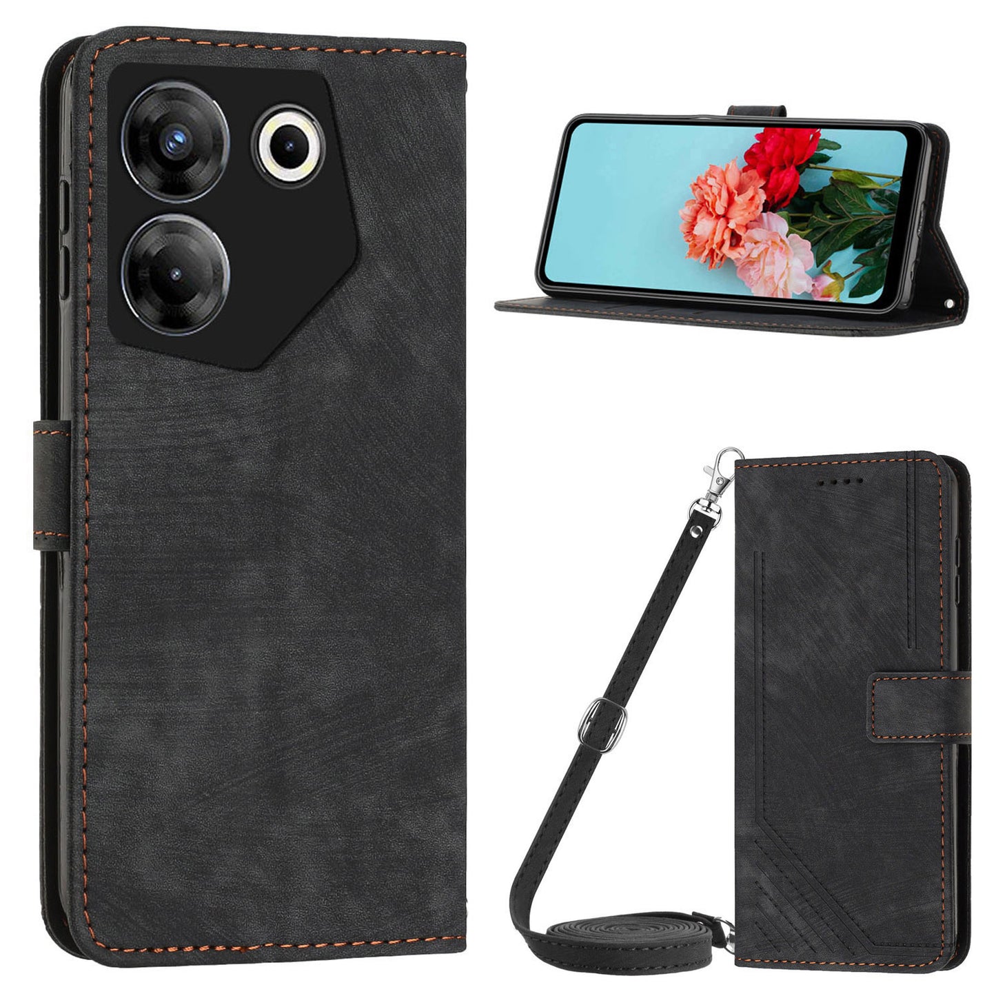 Uniqkart for Tecno Camon 20 Pro 5G Lines Imprinted Stand Wallet Anti-drop Leather Phone Cover with Shoulder Strap - Black