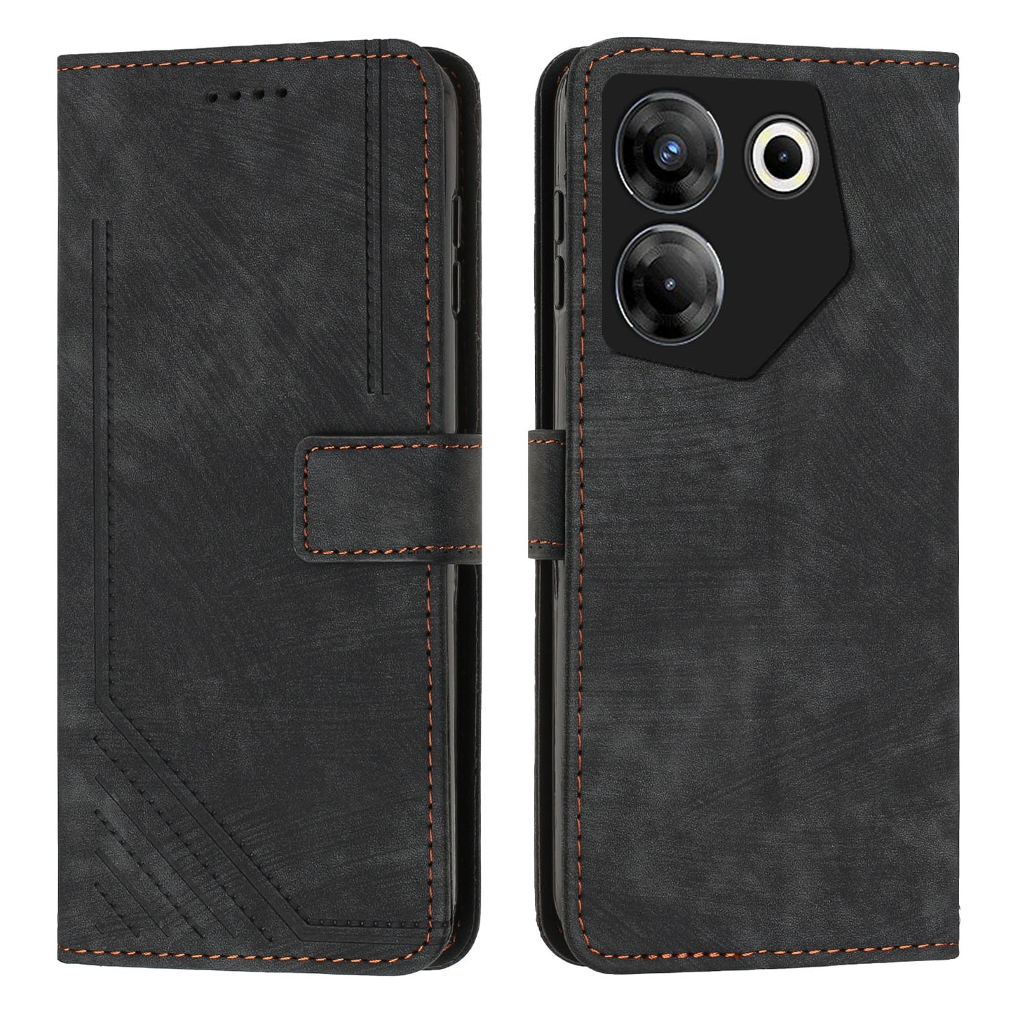 Uniqkart for Tecno Camon 20 Pro 5G Lines Imprinted Stand Wallet Anti-drop Leather Phone Cover with Shoulder Strap - Black