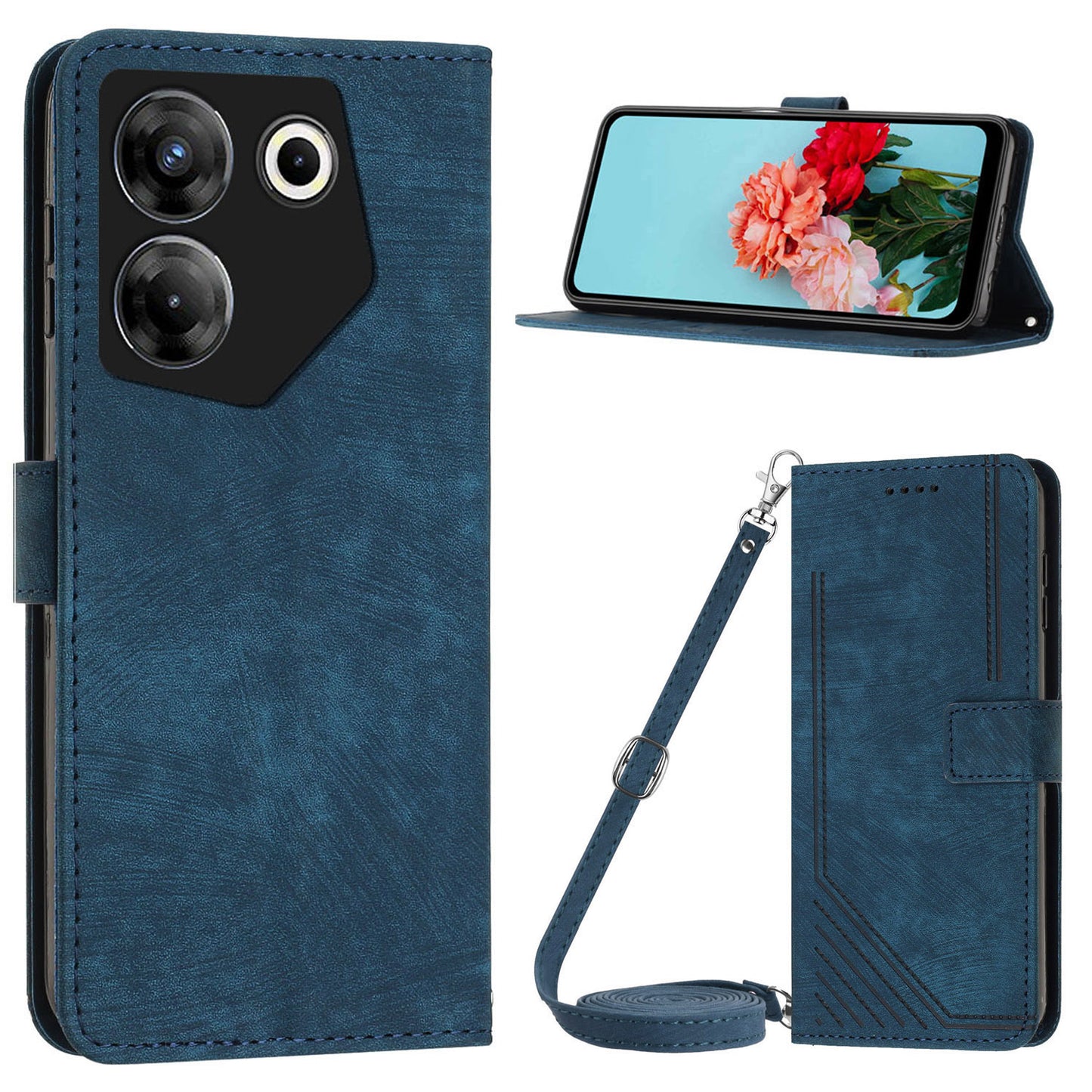 Uniqkart for Tecno Camon 20 Pro 5G Lines Imprinted Stand Wallet Anti-drop Leather Phone Cover with Shoulder Strap - Sapphire