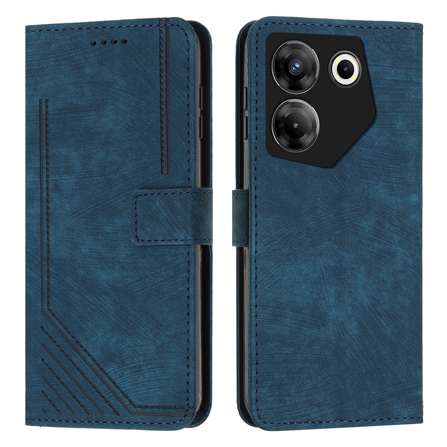 Uniqkart for Tecno Camon 20 Pro 5G Lines Imprinted Stand Wallet Anti-drop Leather Phone Cover with Shoulder Strap - Sapphire