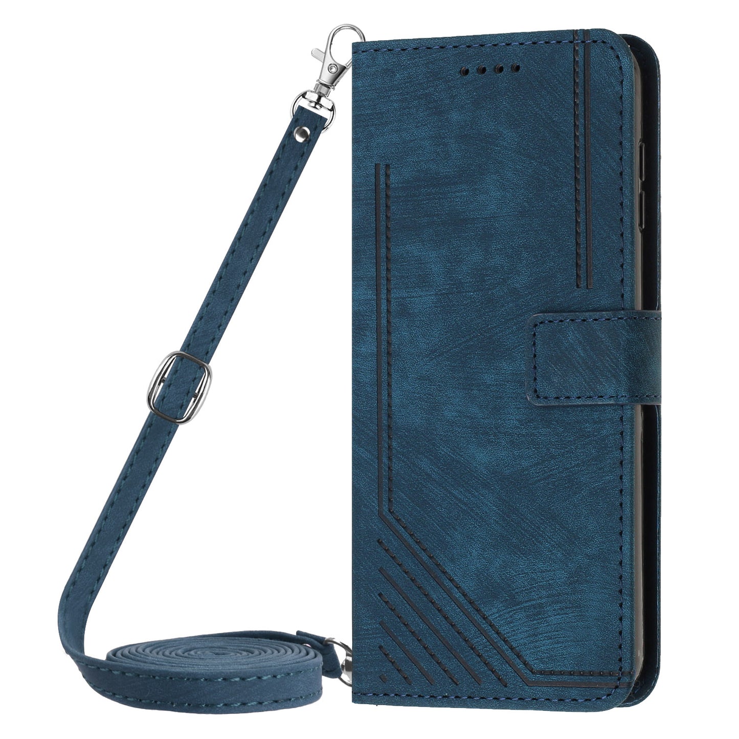 Uniqkart for Tecno Camon 20 Pro 5G Lines Imprinted Stand Wallet Anti-drop Leather Phone Cover with Shoulder Strap - Sapphire