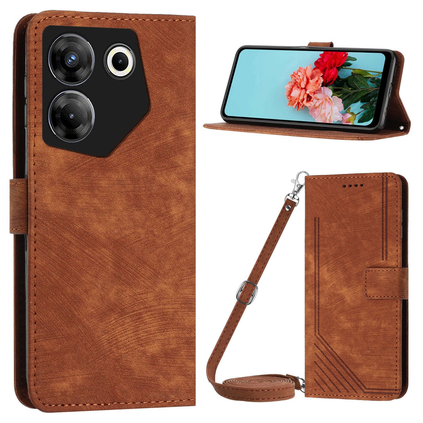Uniqkart for Tecno Camon 20 Pro 5G Lines Imprinted Stand Wallet Anti-drop Leather Phone Cover with Shoulder Strap - Brown