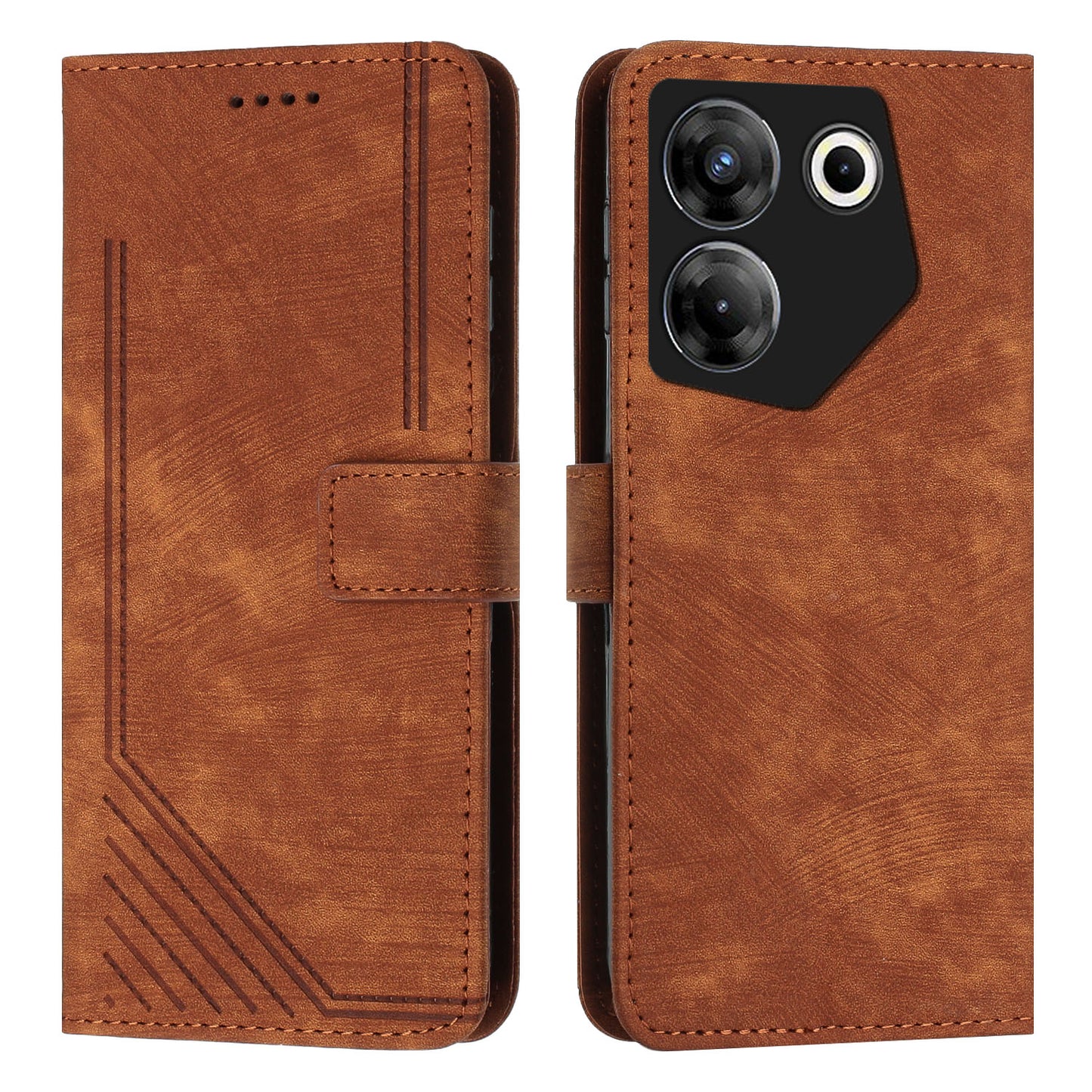Uniqkart for Tecno Camon 20 Pro 5G Lines Imprinted Stand Wallet Anti-drop Leather Phone Cover with Shoulder Strap - Brown