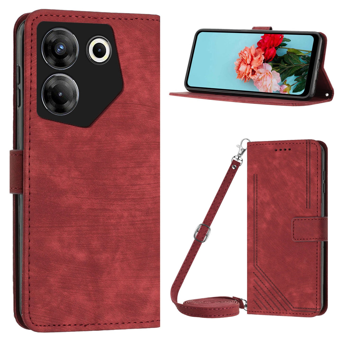 Uniqkart for Tecno Camon 20 Pro 5G Lines Imprinted Stand Wallet Anti-drop Leather Phone Cover with Shoulder Strap - Red
